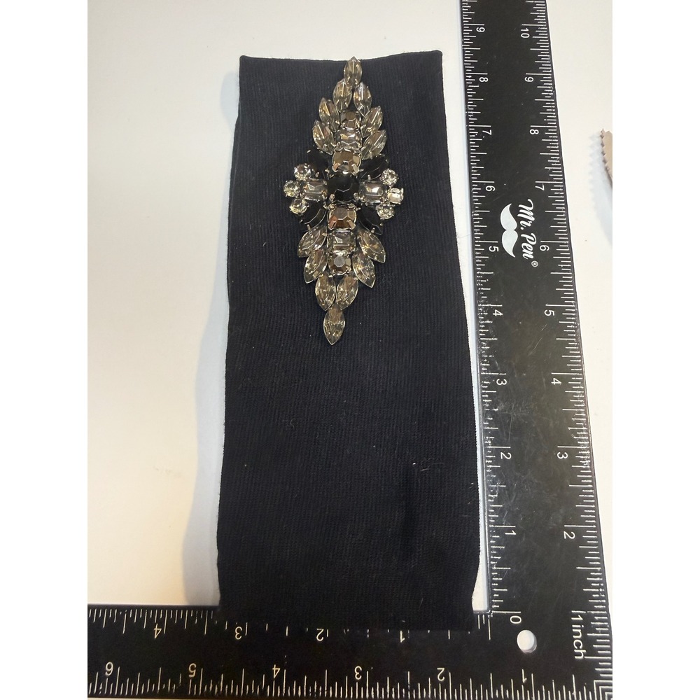 Black Ribbed Knit Headband with Large Smoky Grey Rhinestone Crystal Cluster New